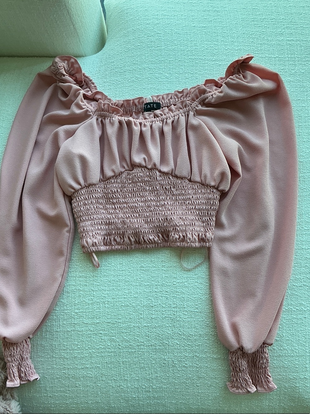 OAK Blush Pink Smocked Off-Shoulder Crop